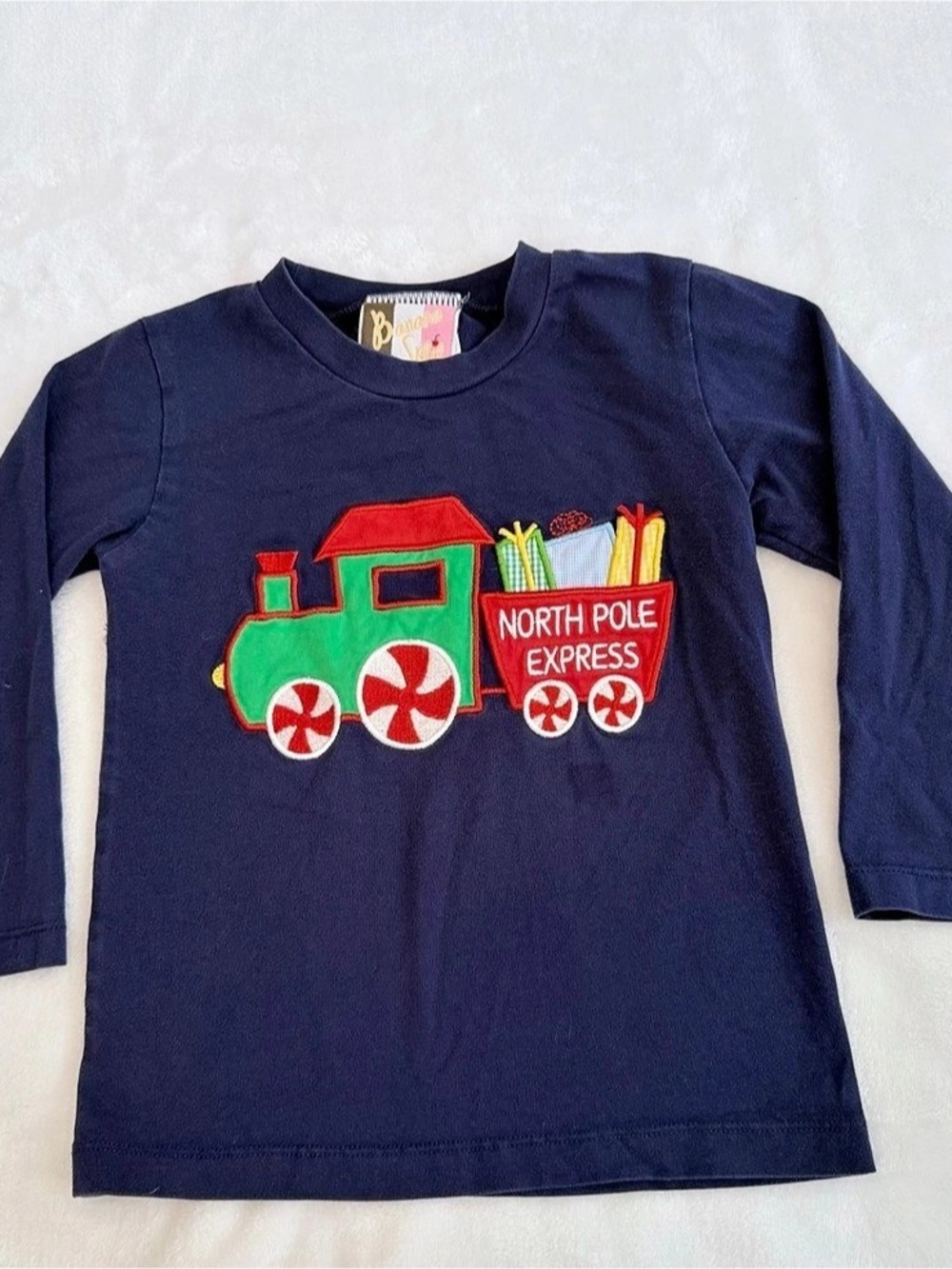 Banana Split Long Sleeve Christmas Train Navy Tee (size 2T)